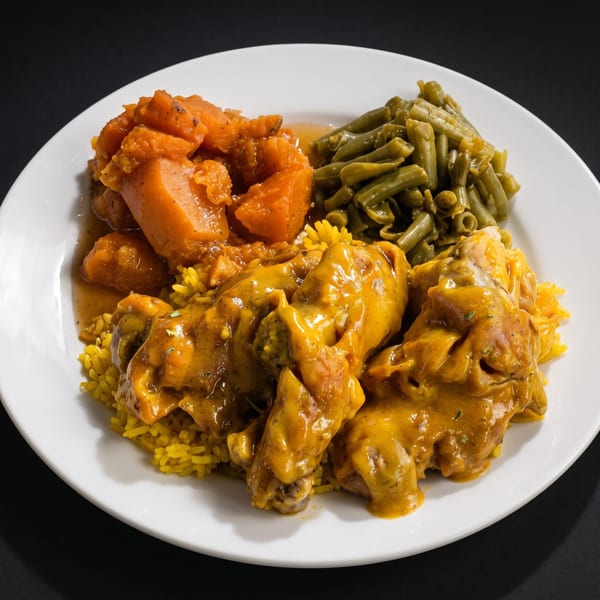 A plate of curry chicken with yellow rice, candied yams, and green beans.