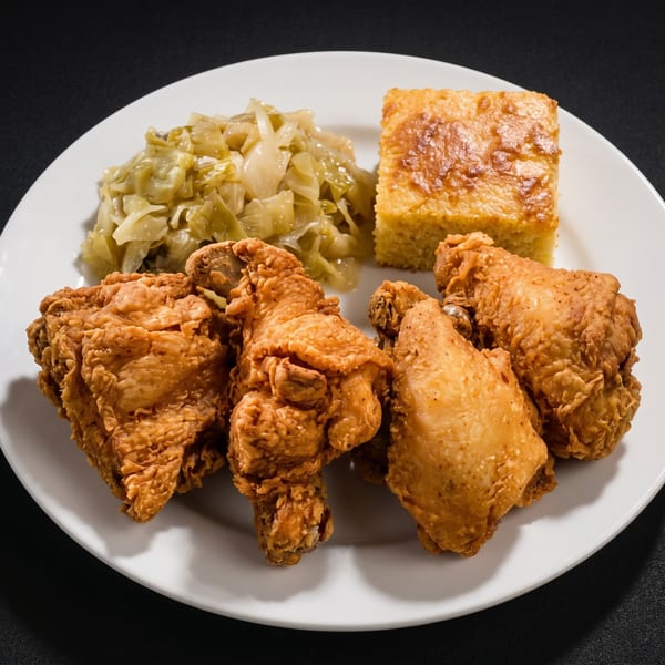 Four pieces of crispy fried chicken with a side of cooked cabbage and cornbread.
