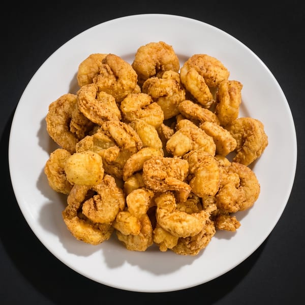 A white plate filled with golden-brown fried shrimp, seasoned with pepper, against a dark background.
