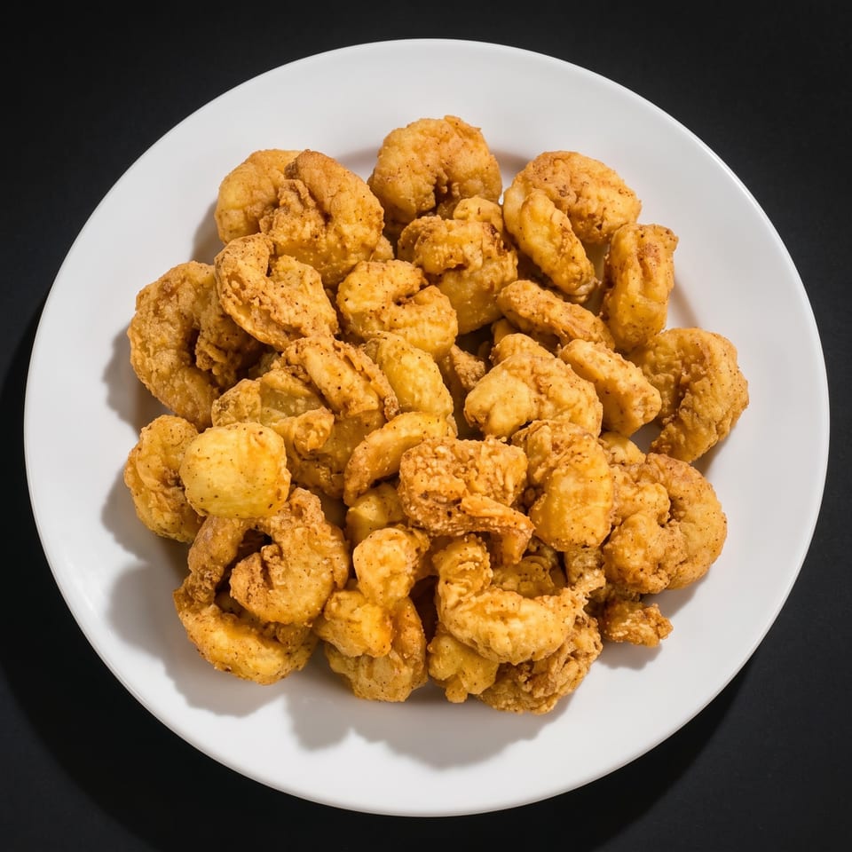 A white plate filled with golden-brown fried shrimp, seasoned with pepper, against a dark background.