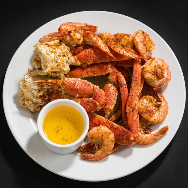 A white plate piled high with seasoned crab legs, shrimp, and a side of melted butter.