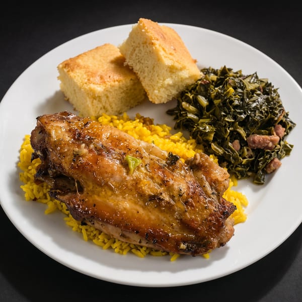 Glazed chicken thigh on yellow rice with collard greens and two pieces of cornbread.