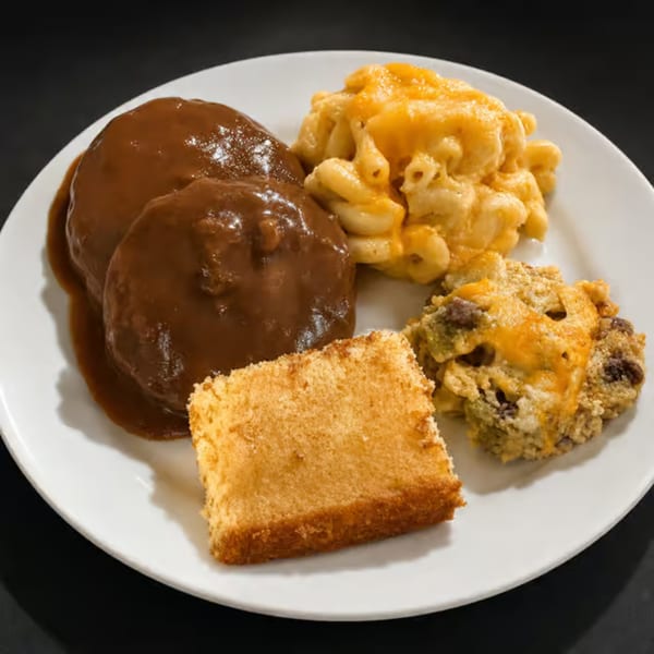 A plate of Salisbury steak with gravy, macaroni and cheese, cornbread, and a side dish.