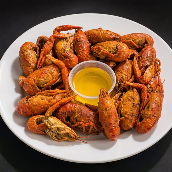 A white plate piled high with seasoned, cooked crawfish and a small cup of melted butter.