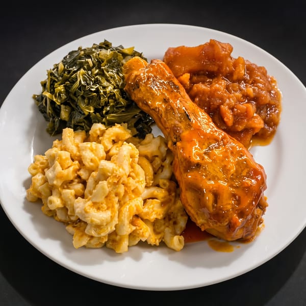 A plate of BBQ chicken, macaroni and cheese, collard greens, and candied yams.