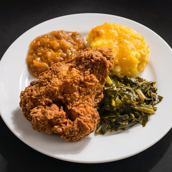 Crispy fried chicken, collard greens, mashed potatoes, and stewed apples on a white plate.