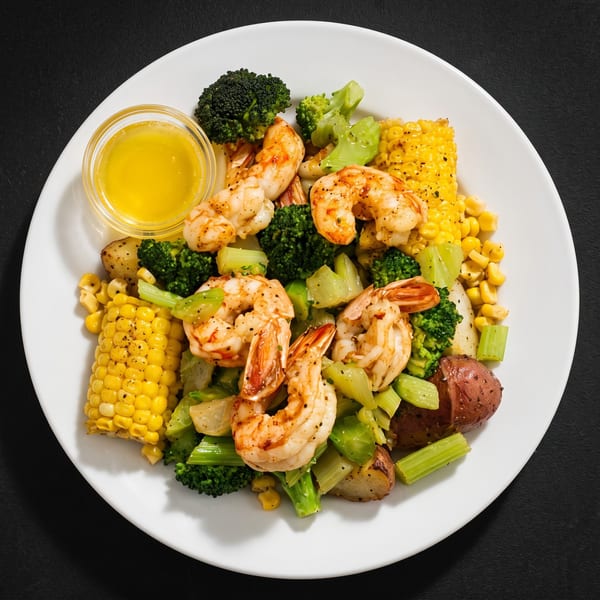 Shrimp, corn on the cob, broccoli, celery, and potatoes with a side of butter on a white plate.