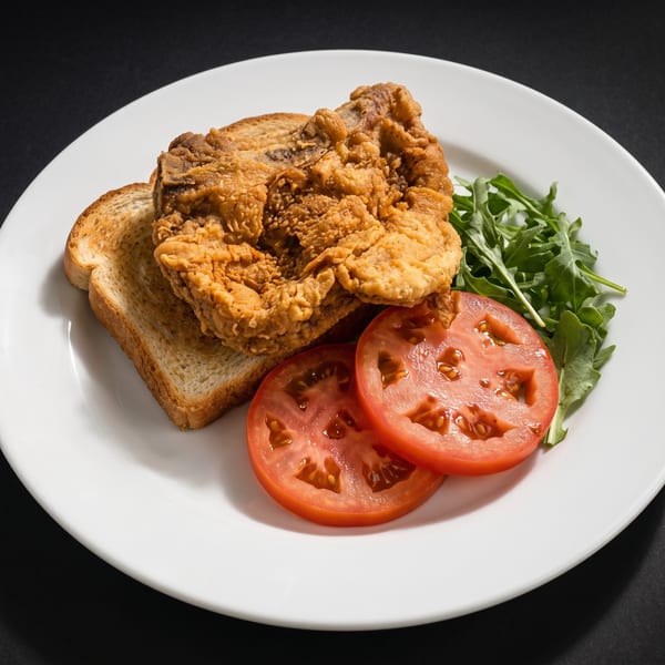 Crispy fried chicken on toast with sliced tomatoes and arugula on a white plate.