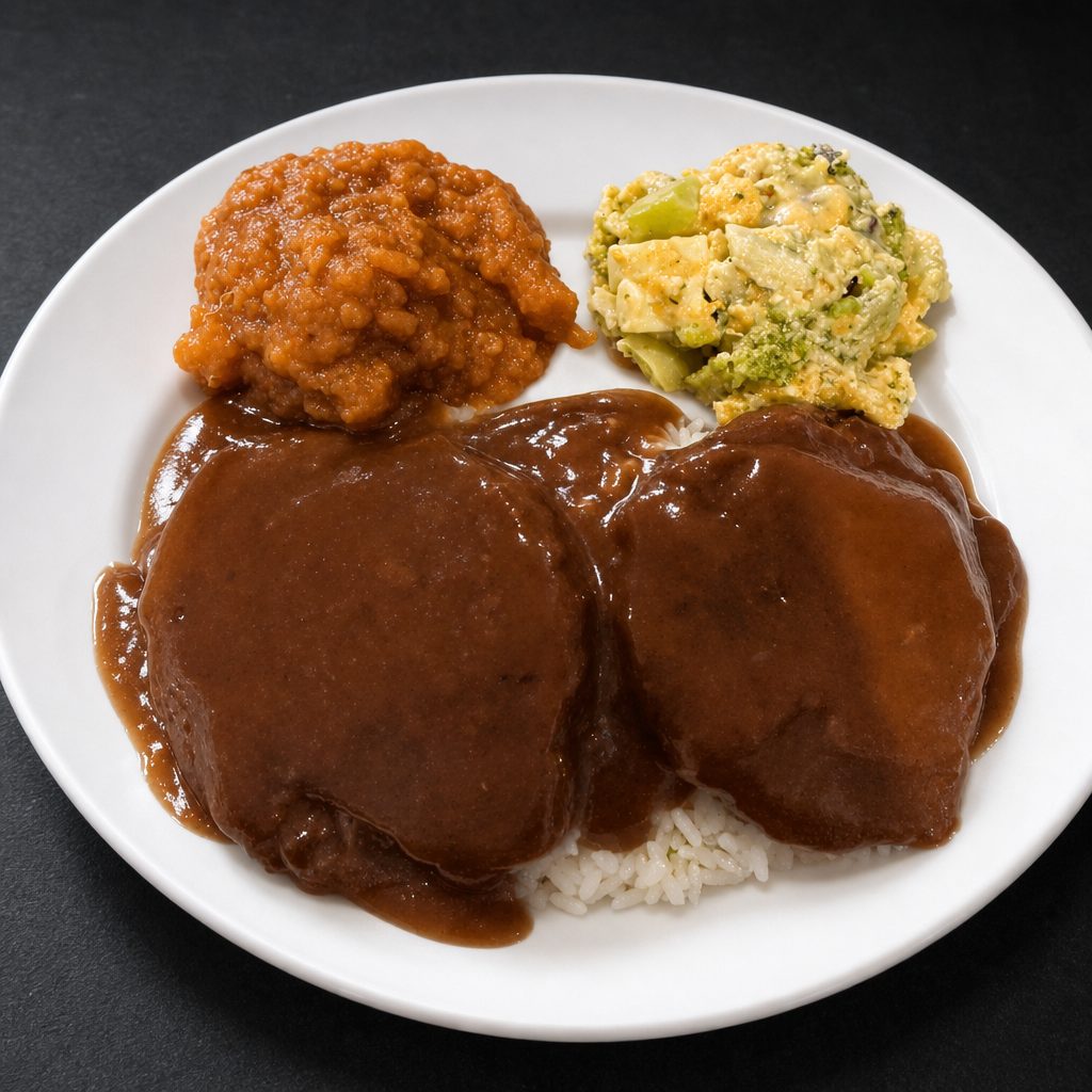 Smothered Hamburger Steaks with 3 Sides.