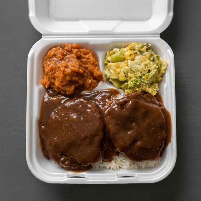 Smothered Hamburger Steaks with 3 Sides.